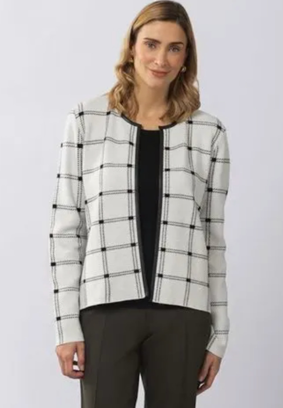 ANN TAYLOR FACTORY WHITE BLACK PLAID FAUX LEATHER CARDIGAN SWEATER JACKET SZ S
